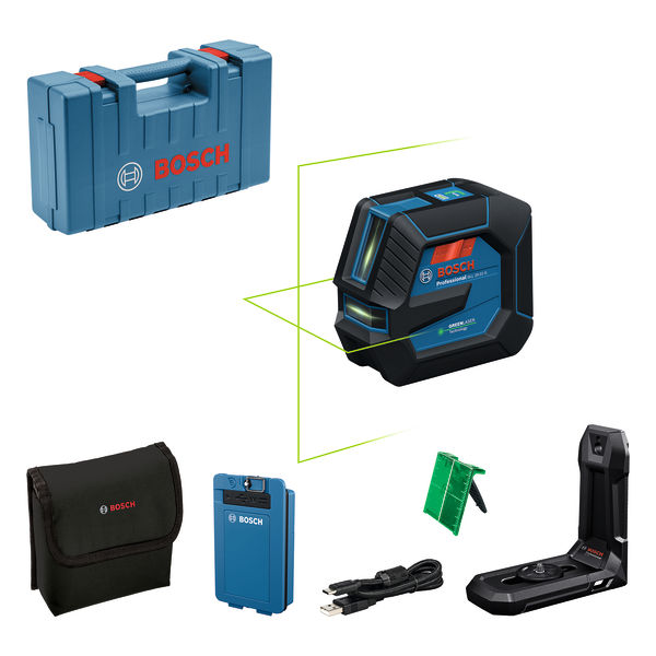 Bosch GLL 2-22 G Laser-Nivelliergerät mit Zubehör. Produktbild Lieferumfang