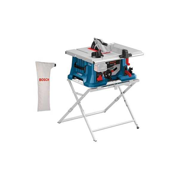 Tischkreissäge Bosch GTS 18V-216 mit klappbarem Ständer. Produktbild Lieferumfang