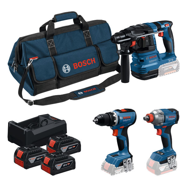 Bosch 18V 3-Werkzeugset mit Bohrmaschine, Schlagschrauber und Bohrhammer. Produktbild