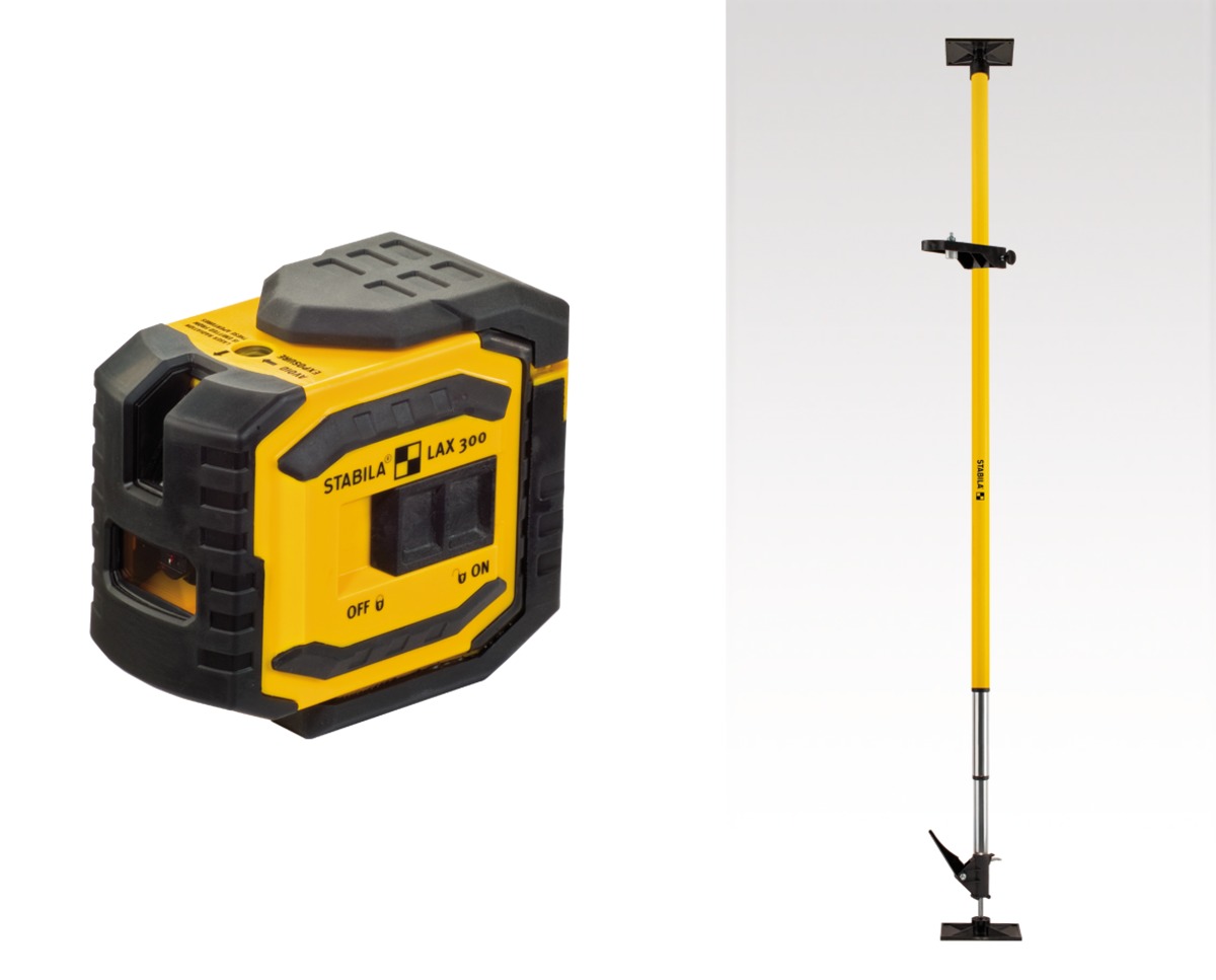 STABILA Kreuzlinienlaser LAX 300, 5-teiliges Set, selbstnivellierend, scharfe Laser-Linien mit Lotpunkten, Reichweite bis 20 m, Schutzklasse IP 54, inklusive Teleskopstange LT 30 STD