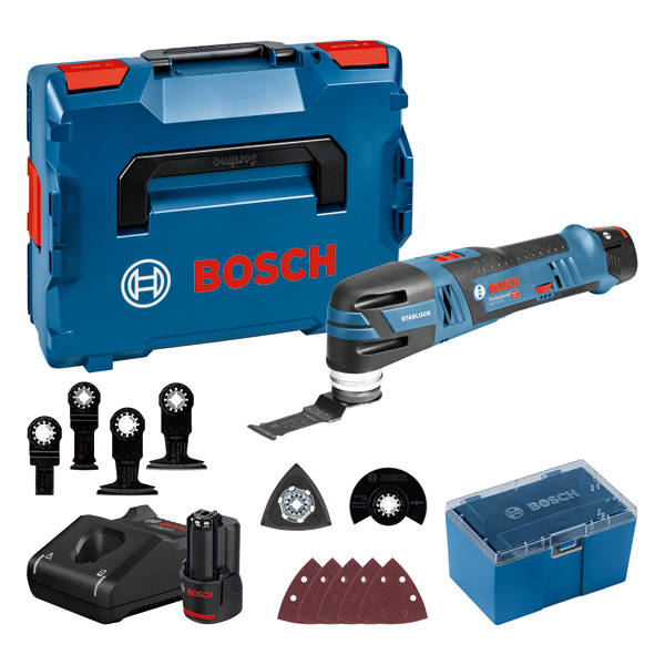 Bosch GOP 12V-28 Akku-Multitool-Set mit Zubehör. Produktbild Lieferumfang