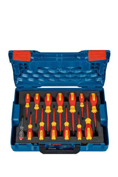 Bosch VDE-Schraubendrehersatz im offenen blauen Etui. Produktbild
