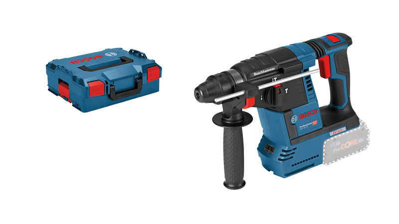 Bosch GBH 18V-26 Bohrhammer mit Tragekoffer. Produktbild Lieferumfang