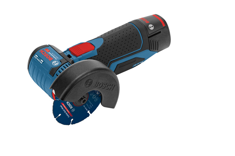 Winkelschleifer GWS 12V-76 von Bosch mit Hartmetall-Mehrscheiben-Schleifscheibe. Produktbild dynamisch