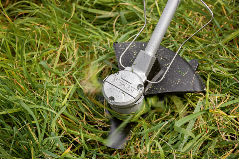 Akku-Freischneider schneidet hohes Gras mit rotierender Klinge. Anwendungsbild