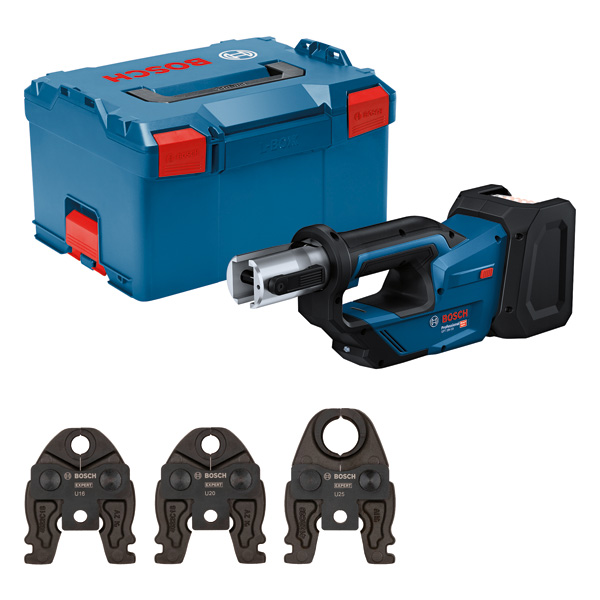 Akku-Presswerkzeug 18V-19 von Bosch mit Koffer und Pressbacken. Produktbild Lieferumfang