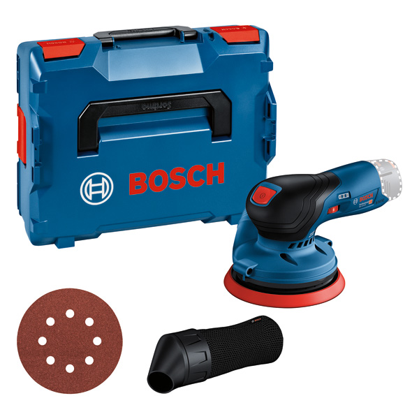 Bosch GEX 12V-125 Akku-Exzenterschleifer-Set. Produktbild Lieferumfang