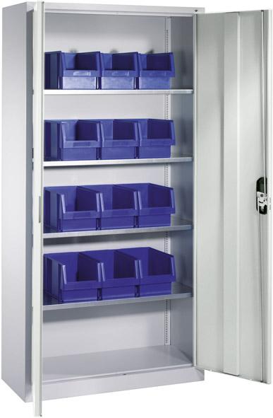 Lager-Regalschrank B1000xT300xH1980 mm RAL 7035 mit Türen 4 Fachböden, 12 Kästen CP Lager-Regalschrank B1000xT300xH1980 mm RAL 7035 mit Türen 4 Fachböden, 12 Kästen CP