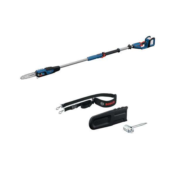 Bosch GKE 18V-25 Hochentaster mit Teleskopstiel und Zubehör. Produktbild