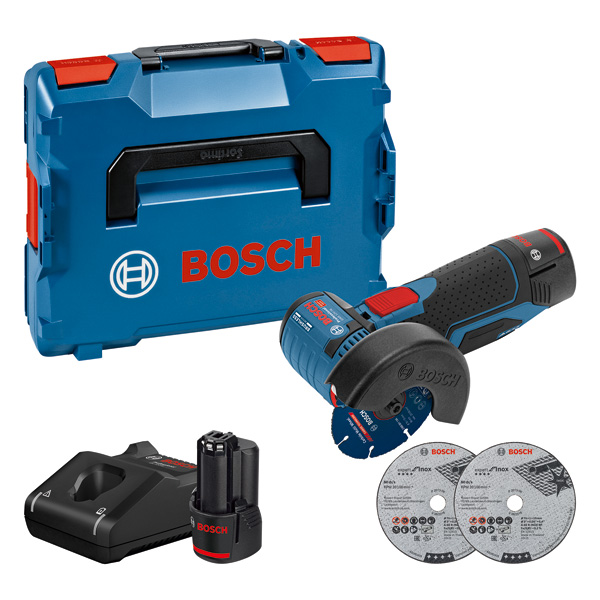 Bosch GWS 12V-76 Akku-Winkelschleifer-Set. Produktbild Lieferumfang