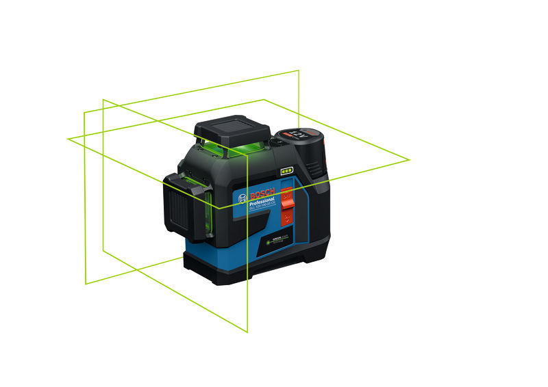 Bosch GLL 12V-100-33 CG Laser-Nivelliergerät mit grünen Strahlen. Produktbild dynamisch