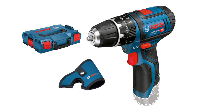 Akku-Bohrschrauber GSB 12V-15 von Bosch mit Koffer und Holster. Produktbild Lieferumfang