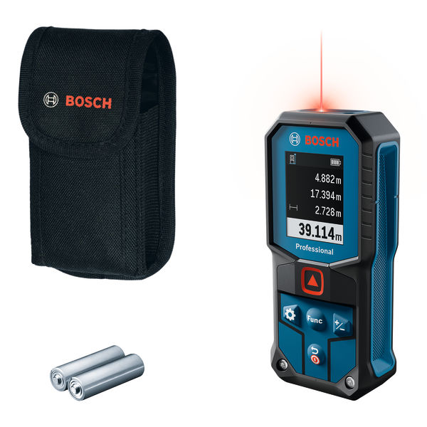 Bosch GLM 40 Laser-Entfernungsmesser mit Koffer und Batterien. Produktbild Lieferumfang