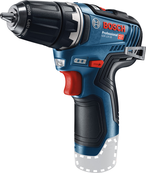 Bosch Akku-Bohrschrauber GSR 12V-35 mit ergonomischem Griff. Produktbild Lieferumfang