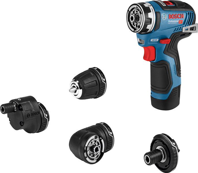 Bosch Bohrmaschine GSR 12V-35 FC mit vier austauschbaren Köpfen. Produktbild Lieferumfang