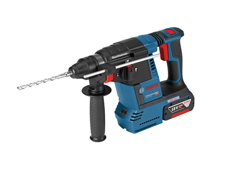 Bosch GBH 18V-26 Bohrhammer mit Seitengriff. Produktbild dynamisch
