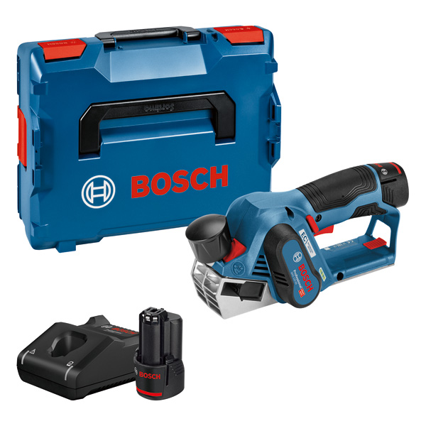 Bosch GHO 12V-20 Akku-Hobel mit Koffer und Akku. Produktbild Lieferumfang