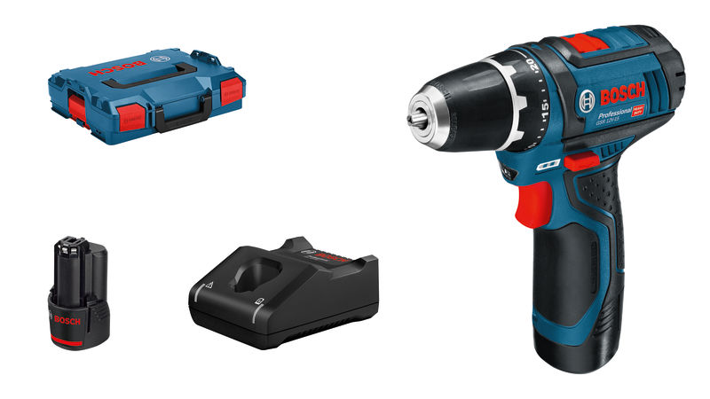 Bosch GSR 12V-15 Akku-Bohrschrauber-Set mit Akku und Ladegerät. Produktbild Lieferumfang