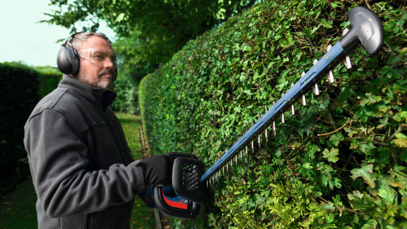 Eine Person mit Schutzausrüstung schneidet eine Hecke mit einer Akku-Heckenschere. Anwendungsbild