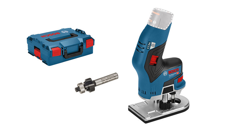 Bosch GKF 12V-8 Akku-Handfräser mit Koffer und Bit. Produktbild Lieferumfang