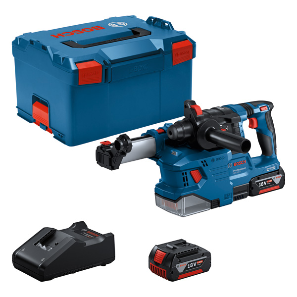 Bosch GBH 18V-22 Bohrhammer mit Akku, Ladegerät und Koffer. Produktbild Lieferumfang