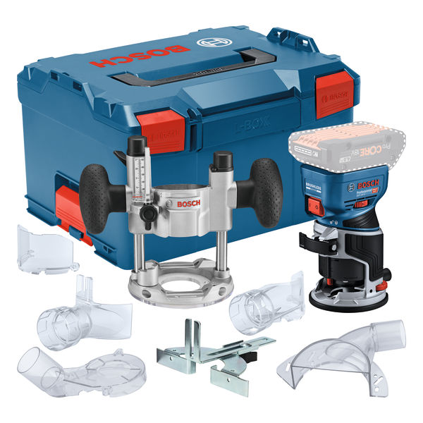 Bosch GKF 18V-8 Akku-Oberfräsen-Set mit Zubehör. Produktbild Lieferumfang