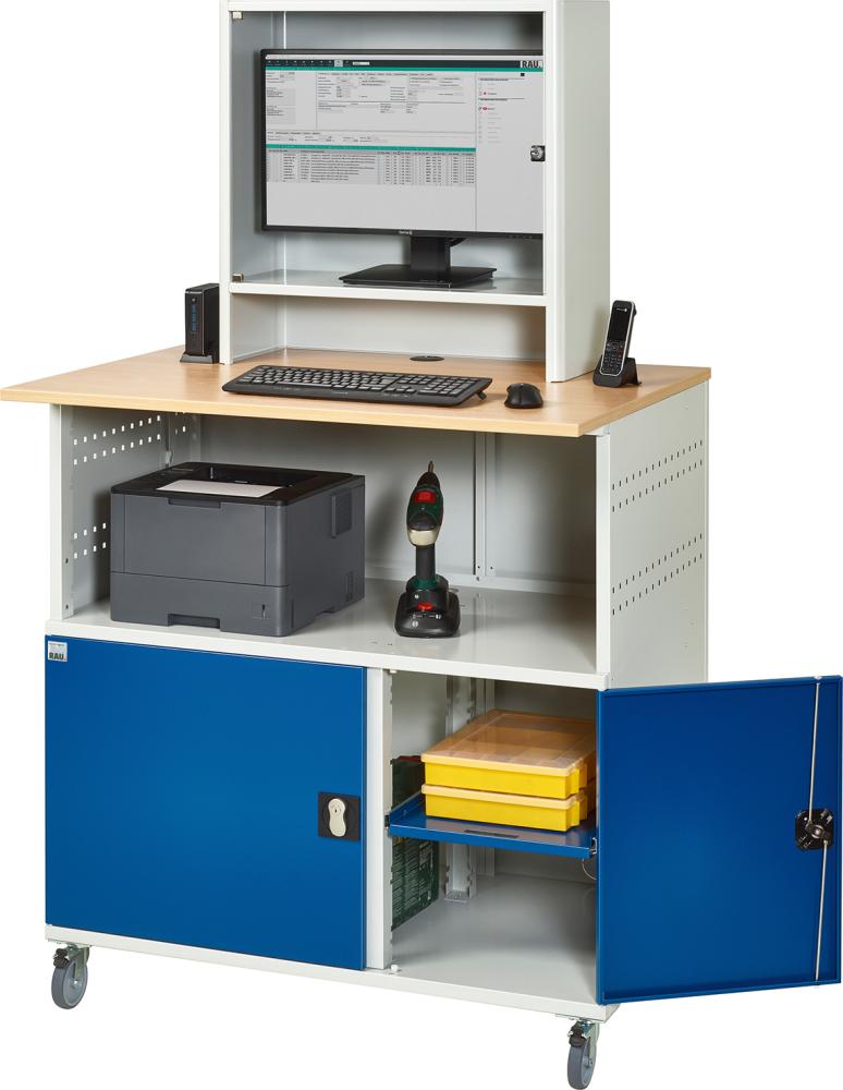 Computer-Tisch B1100xT800xH1810 mm RAL 7035/5010 mobil Gehäuse offen