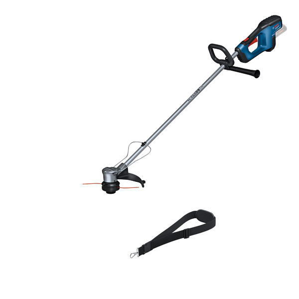 Akku-Rasentrimmer GRT 18V-33 von Bosch mit Tragegurt. Produktbild Lieferumfang
