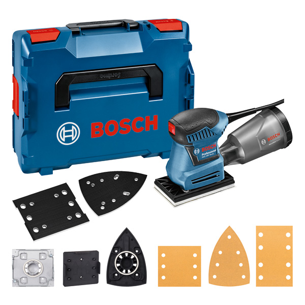 Bosch GSS 160 Multischleifer mit Koffer und Schleiftellern. Produktbild Lieferumfang