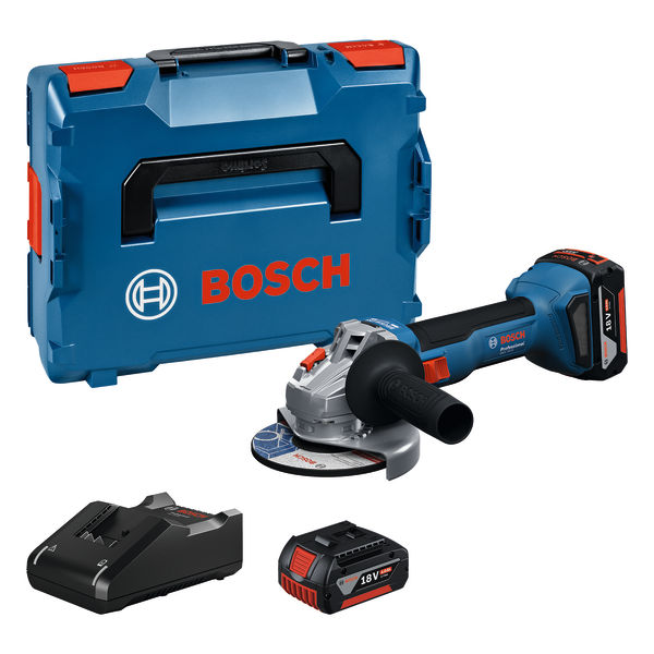Bosch GWS 18V-8 Winkelschleifer-Set mit Koffer, Akku und Ladegerät. Produktbild Lieferumfang