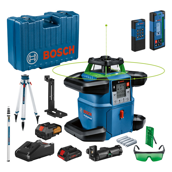 Bosch GRL 650 CHVG Laser-Nivelliergerät mit Zubehör. Produktbild Lieferumfang