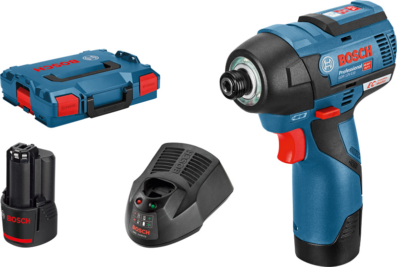 Bosch GDR 12V-110 Akku-Schlagschrauber-Set. Produktbild Lieferumfang