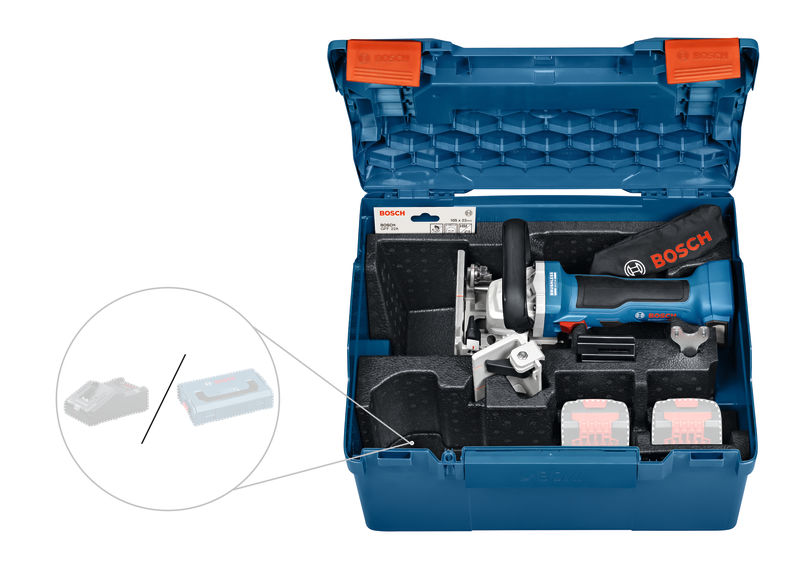 Bosch GFF 18V-22 Flachdübelfräse in blauer Tragetasche. Produktbild