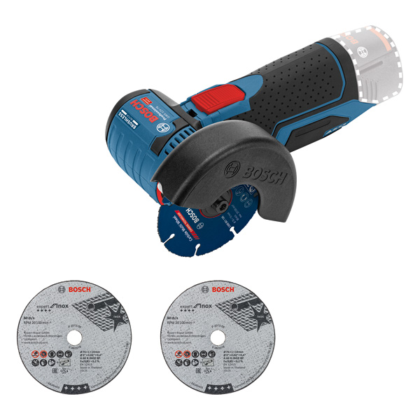 Akku-Winkelschleifer GWS 12V-76 von Bosch mit Trennscheiben. Produktbild Lieferumfang