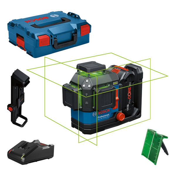 Bosch GLL 3-80 Laser-Nivelliergerät mit Zubehör. Produktbild Lieferumfang