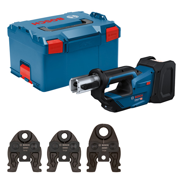 Akku-Rohrpresse 18V-19 von Bosch mit Koffer und Backen. Produktbild Lieferumfang