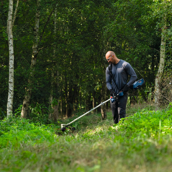 Eine Person mit Sicherheitsausrüstung schneidet in einem Wald Gras mit einem Akku-Rasentrimmer. Anwendungsbild