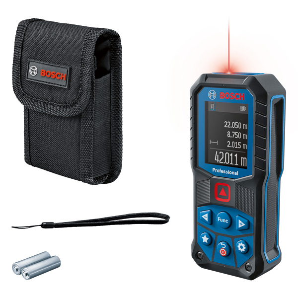 Bosch GLM 50-22 Laser-Entfernungsmesser mit Koffer und Batterien. Produktbild Lieferumfang