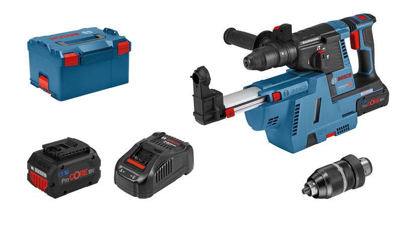 Bosch GBH 18V-26 F Bohrhammer mit 5,5 Ah ProCORE18V Akku. Produktbild Lieferumfang