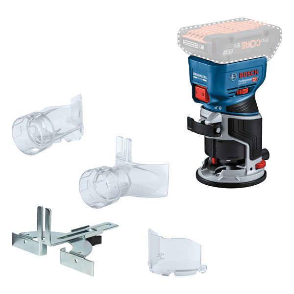 Bosch GKF 18V-8 Akku-Oberfräse mit Zubehör. Produktbild Lieferumfang