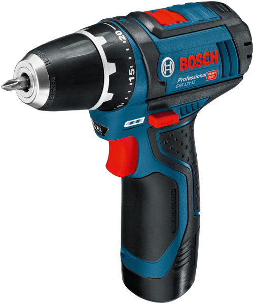 Akku-Bohrschrauber GSR 12V-15 von Bosch mit ergonomischem Griff. Produktbild dynamisch