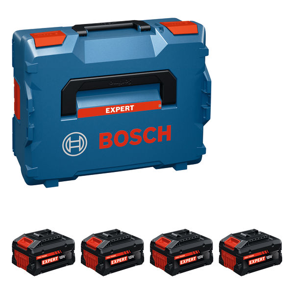 Bosch EXBA18V-55 Akkupack-Set mit blauer Tragetasche. Produktbild Lieferumfang