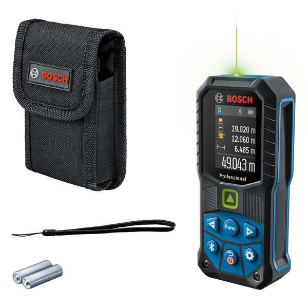 Bosch GLM 50-27 CG Laser-Entfernungsmesser mit Koffer und Batterien. Produktbild Lieferumfang