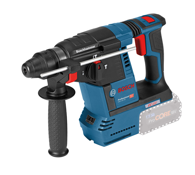 Bosch GBH 18V-26 Bohrhammer mit Seitengriff. Produktbild dynamisch