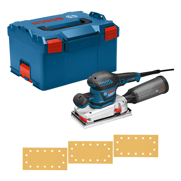 Bosch GSS 280 AVE Exzenterschleifer mit Staubbox und Koffer. Produktbild Lieferumfang