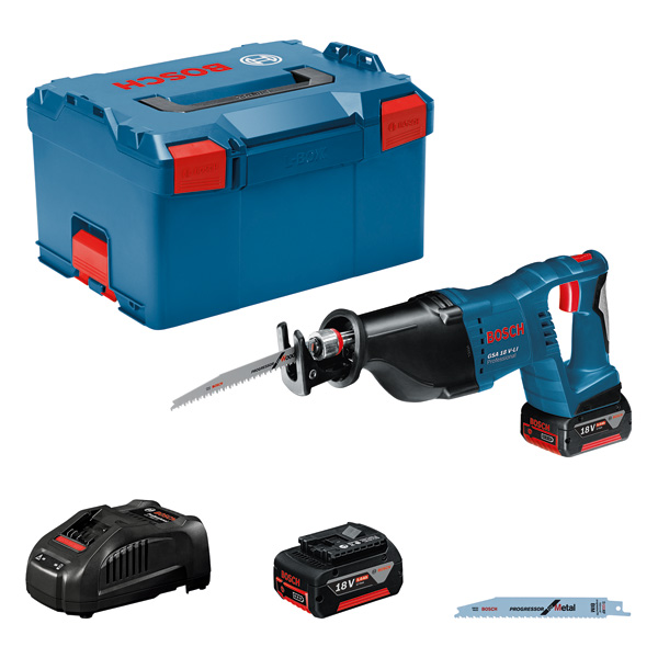 Bosch GSA 18 V-LI Säbelsägen-Set mit Koffer und Akku. Produktbild Lieferumfang