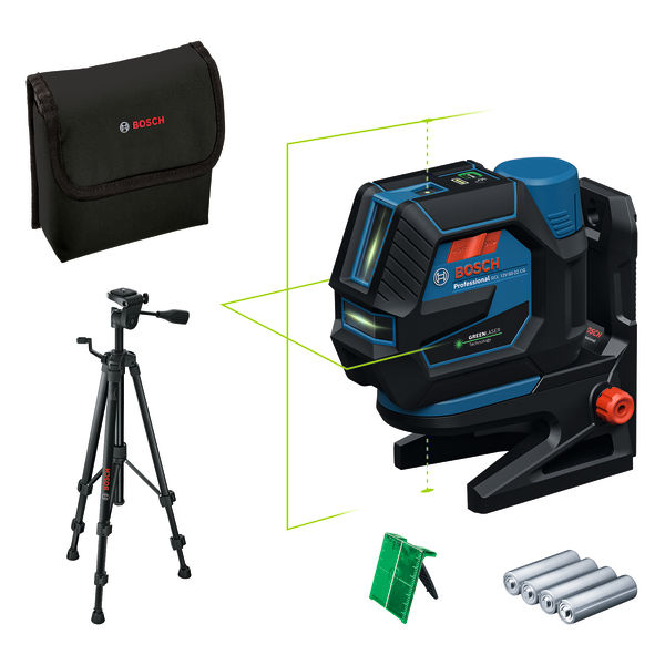 Grünes Laser-Nivelliergerät GCL 12V-50 von Bosch mit Stativ. Produktbild Lieferumfang