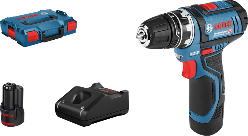 Bosch GSR 12V-15 FC Akku-Bohrschrauber-Set mit Akku. Produktbild Lieferumfang
