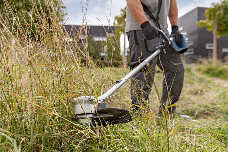 Eine Person mit Schutzausrüstung schneidet hohes Gras mit einer Akku-Motorsense. Anwendungsbild