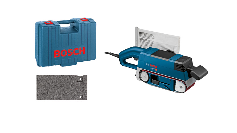 Bosch GBS 75 AE Bandschleifer mit Staubbeutel und Tragekoffer. Produktbild Lieferumfang
